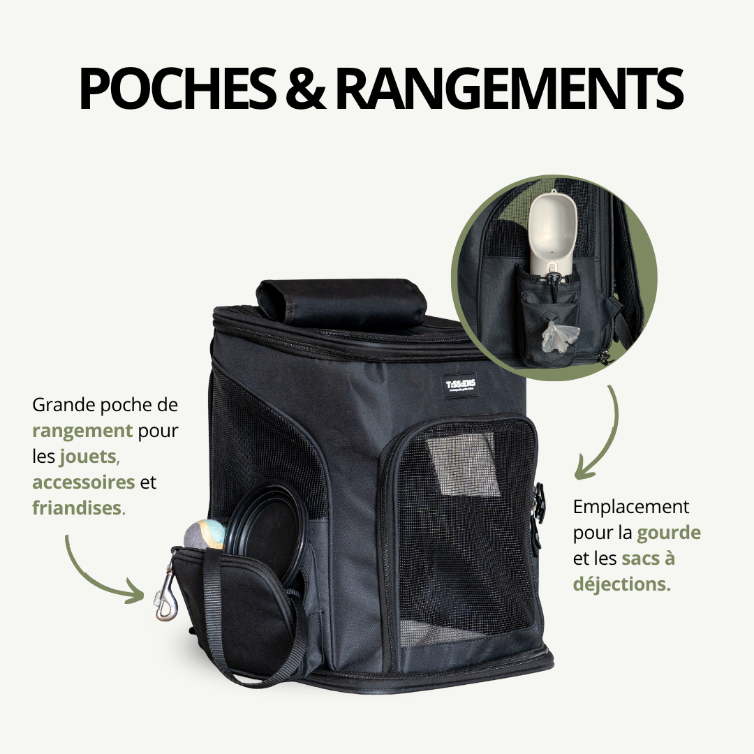 Sac à Dos de Transport Extensible pour petit chien | Laisse de sécurité, 3 entrées, Poches Accessoires, Tapis