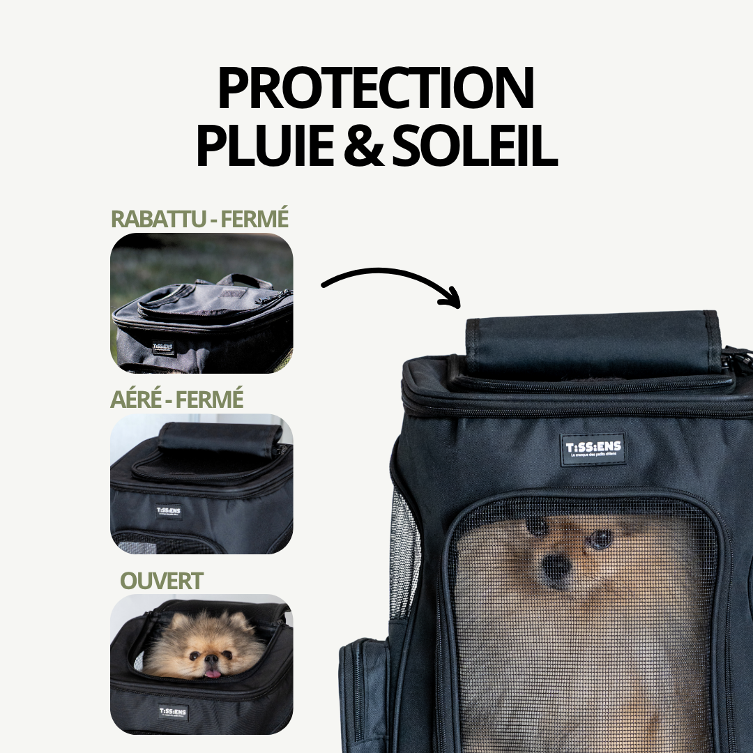 Sac à Dos de Transport Extensible pour petit chien | Laisse de sécurité, 3 entrées, Poches Accessoires, Tapis