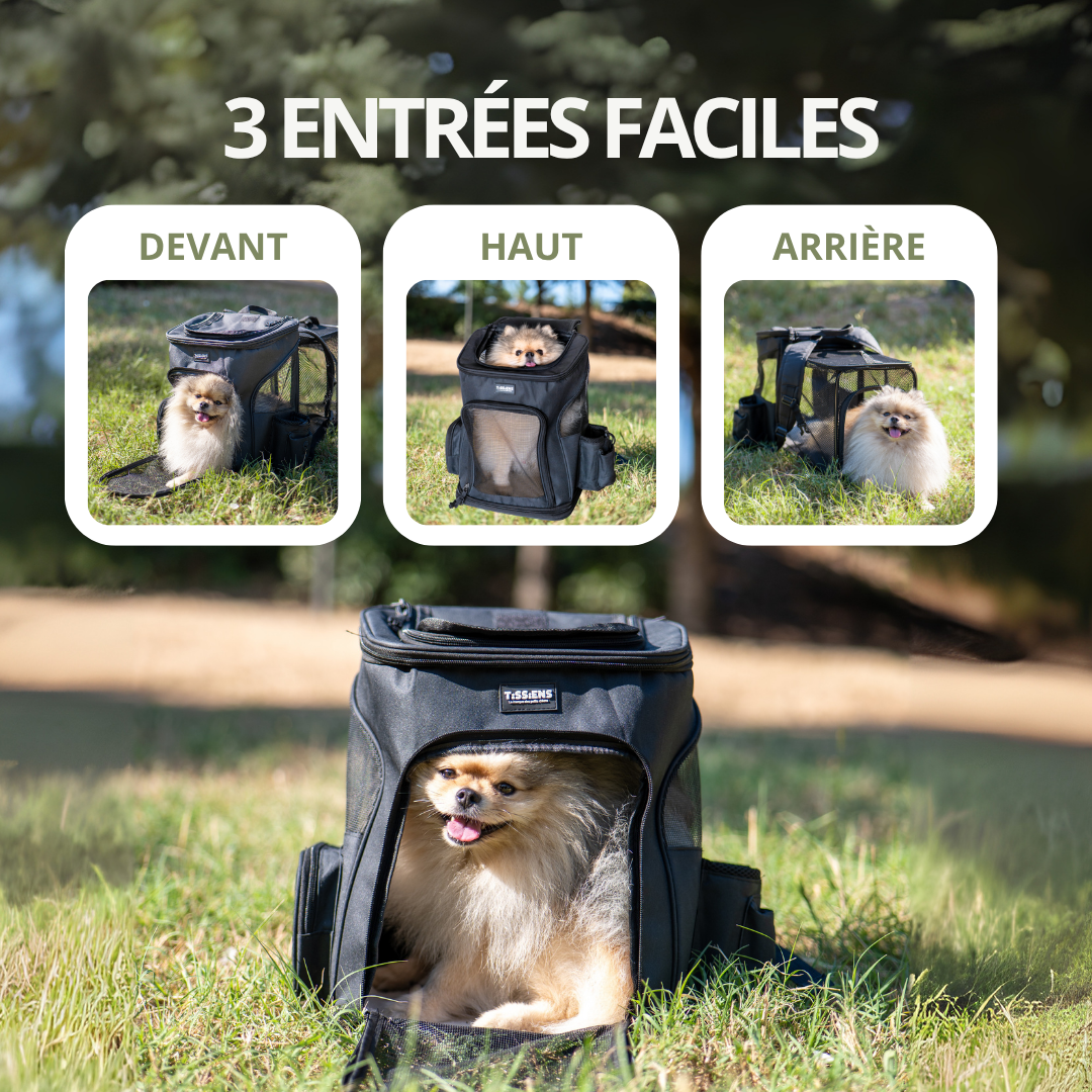 Sac à Dos de Transport Extensible pour petit chien | Laisse de sécurité, 3 entrées, Poches Accessoires, Tapis